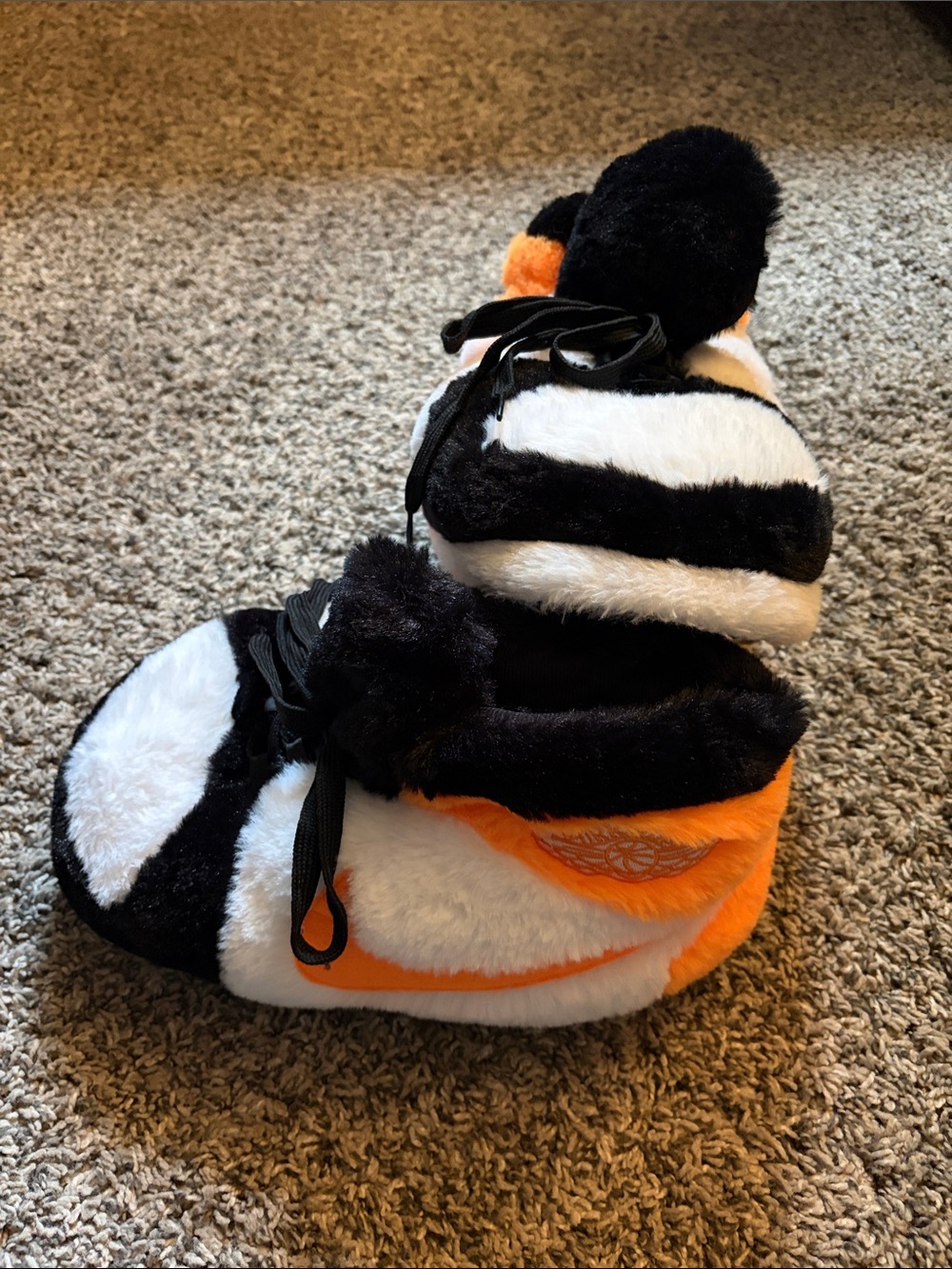 Black White and Orange Plush Winter Slippers